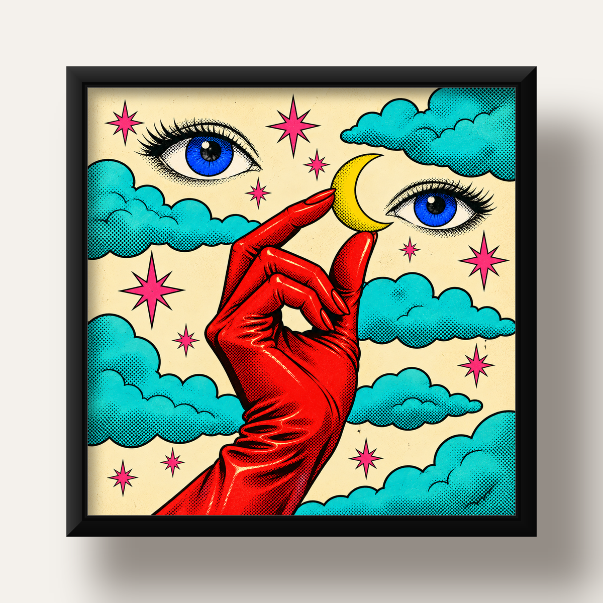 Sürreal El, Göz ve Ay Pop Art Poster – Renkli Sanat Baskısı — siyah derin çerçeveli
