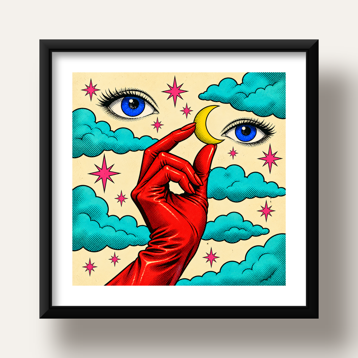 Sürreal El, Göz ve Ay Pop Art Poster – Renkli Sanat Baskısı — siyah derin çerçeveli paspartulu