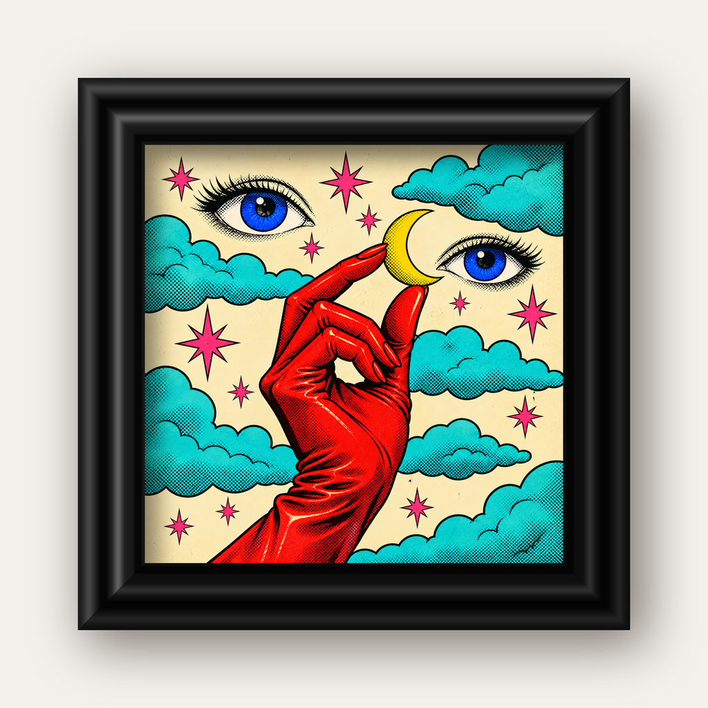 Sürreal El, Göz ve Ay Pop Art Poster – Renkli Sanat Baskısı — siyah galeri çerçeveli