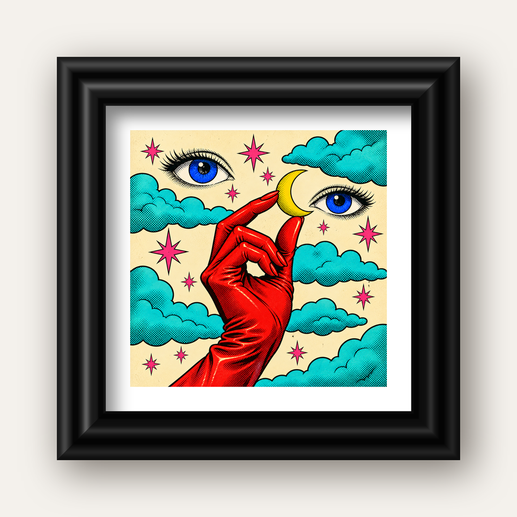 Sürreal El, Göz ve Ay Pop Art Poster – Renkli Sanat Baskısı — siyah galeri çerçeveli paspartulu