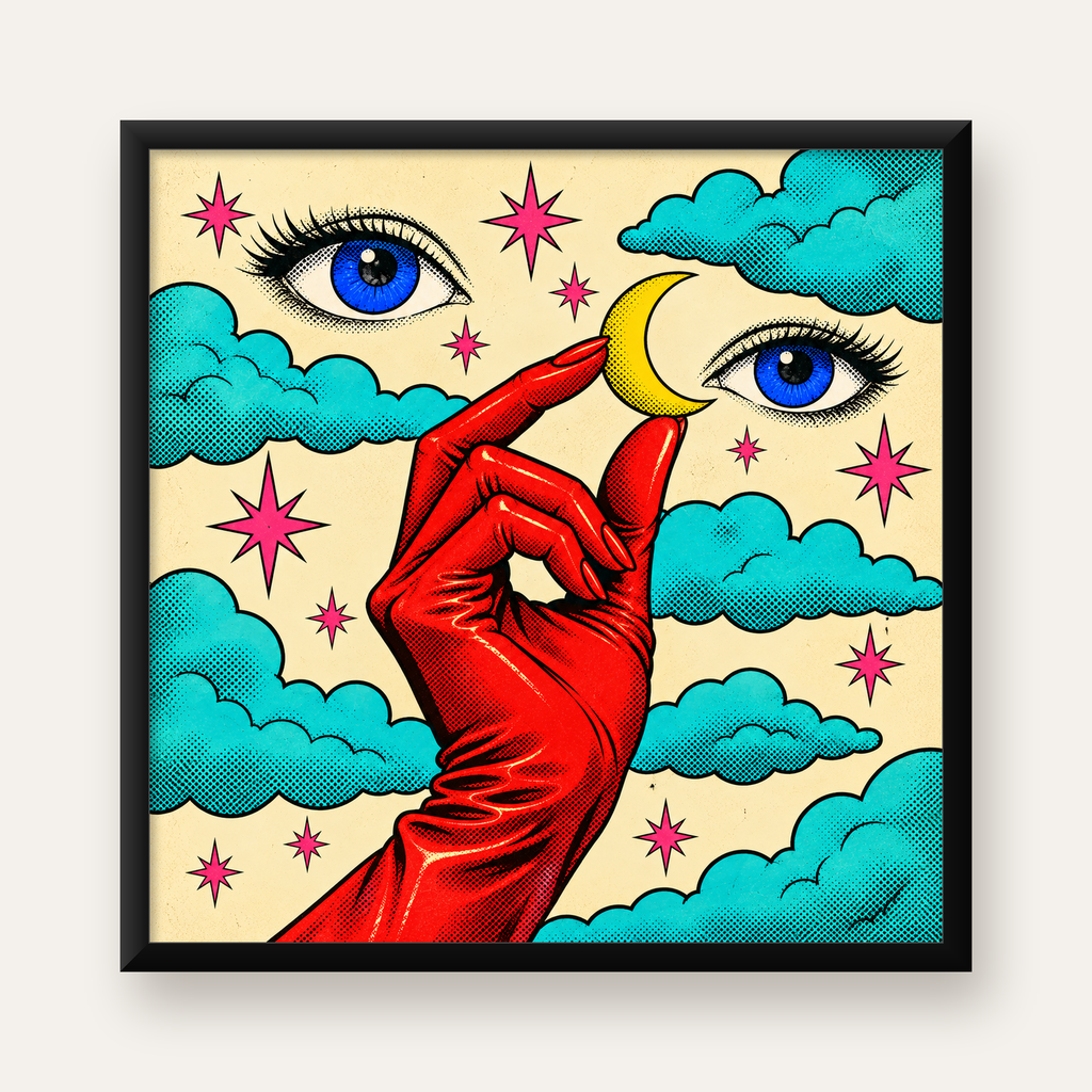 Sürreal El, Göz ve Ay Pop Art Poster – Renkli Sanat Baskısı — Kare baskı, düz siyah çerçeveli duvar posteri