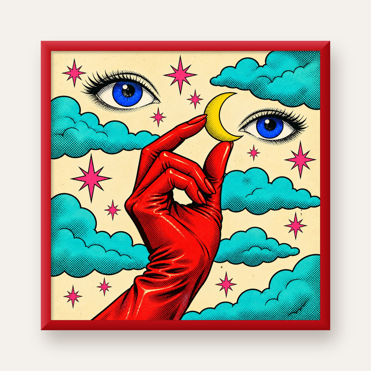 Sürreal El, Göz ve Ay Pop Art Poster – Renkli Sanat Baskısı — kırmızı çerçeveli