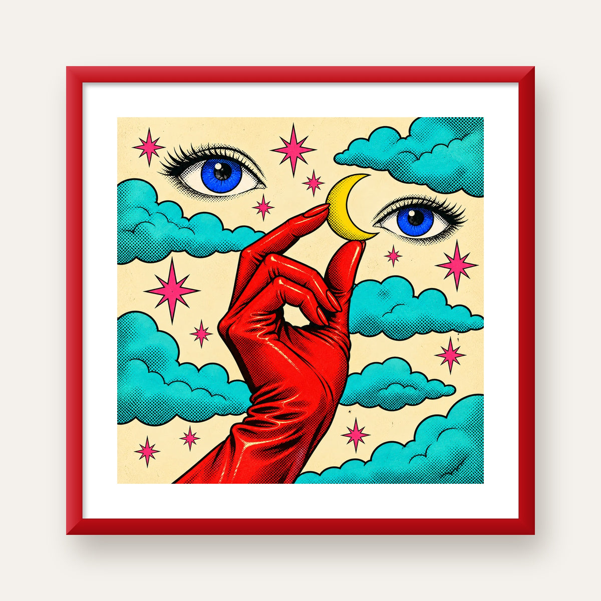 Sürreal El, Göz ve Ay Pop Art Poster – Renkli Sanat Baskısı — kırmızı çerçeveli paspartulu