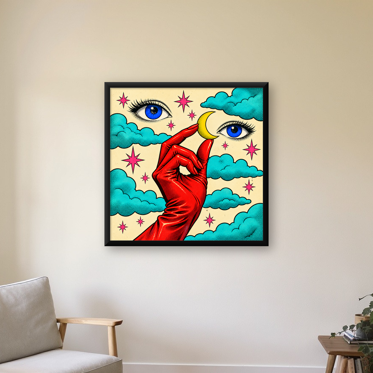 Sürreal El, Göz ve Ay Pop Art Poster – Renkli Sanat Baskısı — Kare baskı, çerçeveli hâliyle bir ev duvarında