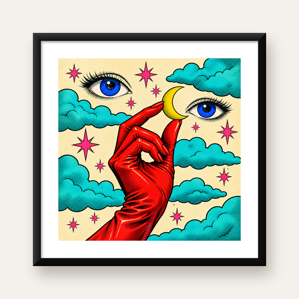 Sürreal El, Göz ve Ay Pop Art Poster – Renkli Sanat Baskısı — Kare baskı, beyaz paspartulu