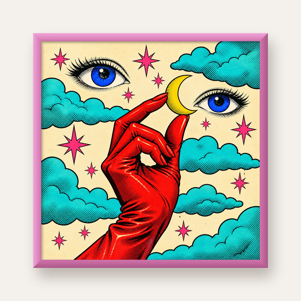 Sürreal El, Göz ve Ay Pop Art Poster – Renkli Sanat Baskısı — pembe çerçeveli
