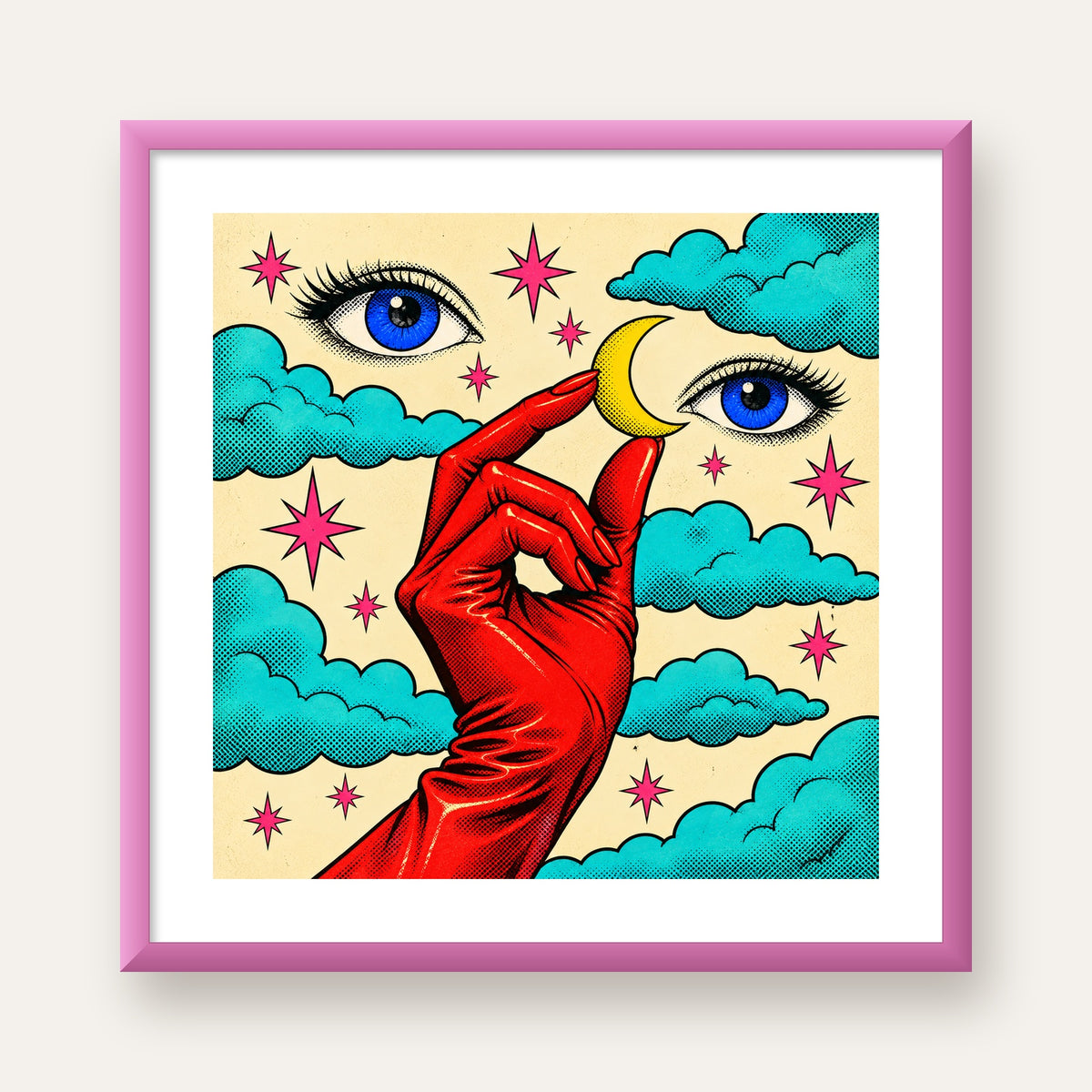 Sürreal El, Göz ve Ay Pop Art Poster – Renkli Sanat Baskısı — pembe çerçeveli paspartulu