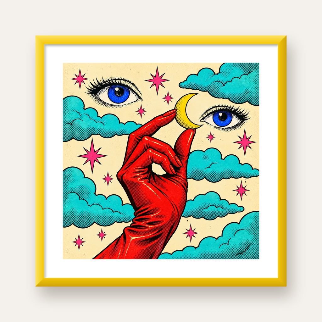 Sürreal El, Göz ve Ay Pop Art Poster – Renkli Sanat Baskısı — sarı çerçeveli paspartulu