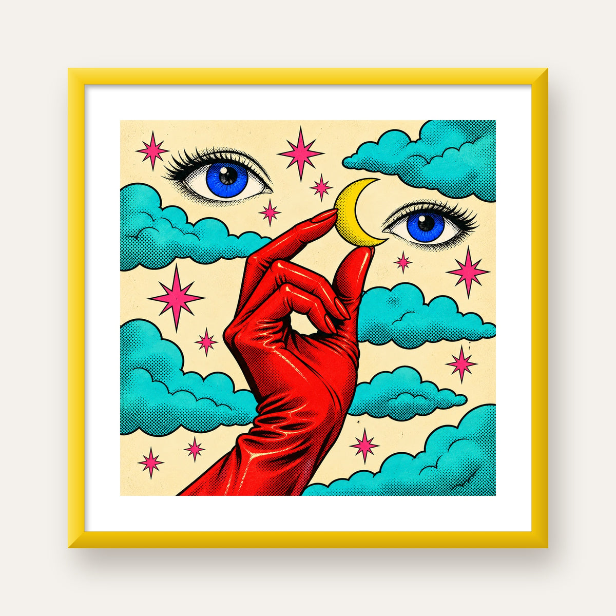 Sürreal El, Göz ve Ay Pop Art Poster – Renkli Sanat Baskısı — sarı çerçeveli paspartulu
