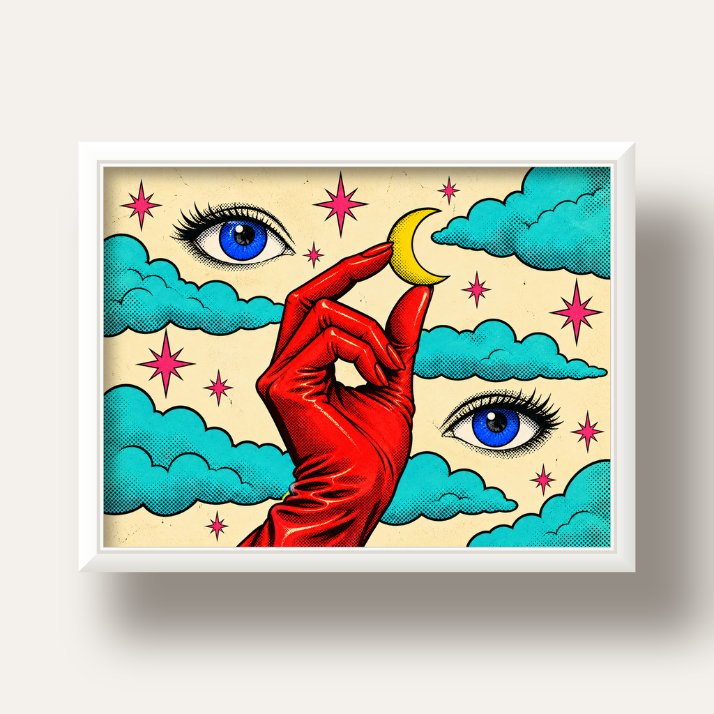 Sürreal El, Göz ve Ay Pop Art Poster – Renkli Sanat Baskısı — beyaz derin çerçeveli