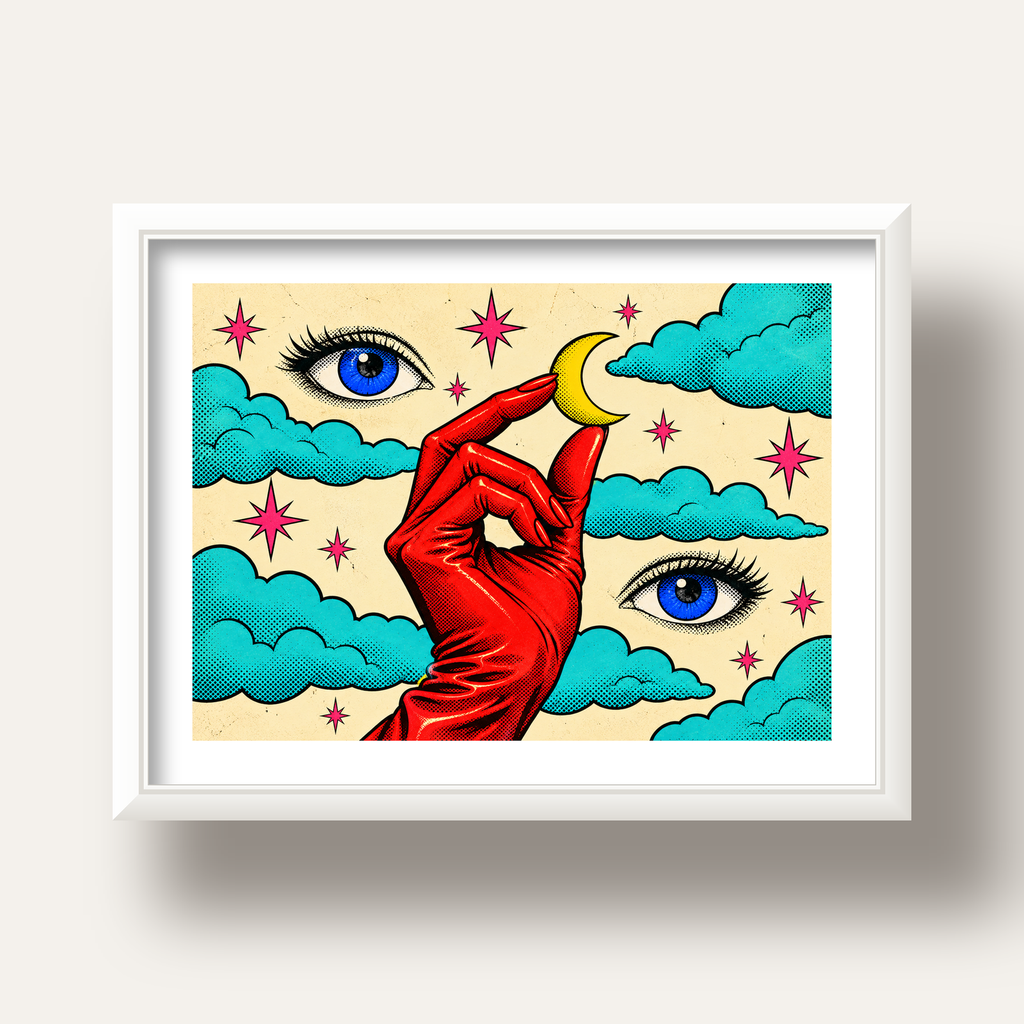 Sürreal El, Göz ve Ay Pop Art Poster – Renkli Sanat Baskısı — beyaz derin çerçeveli paspartulu