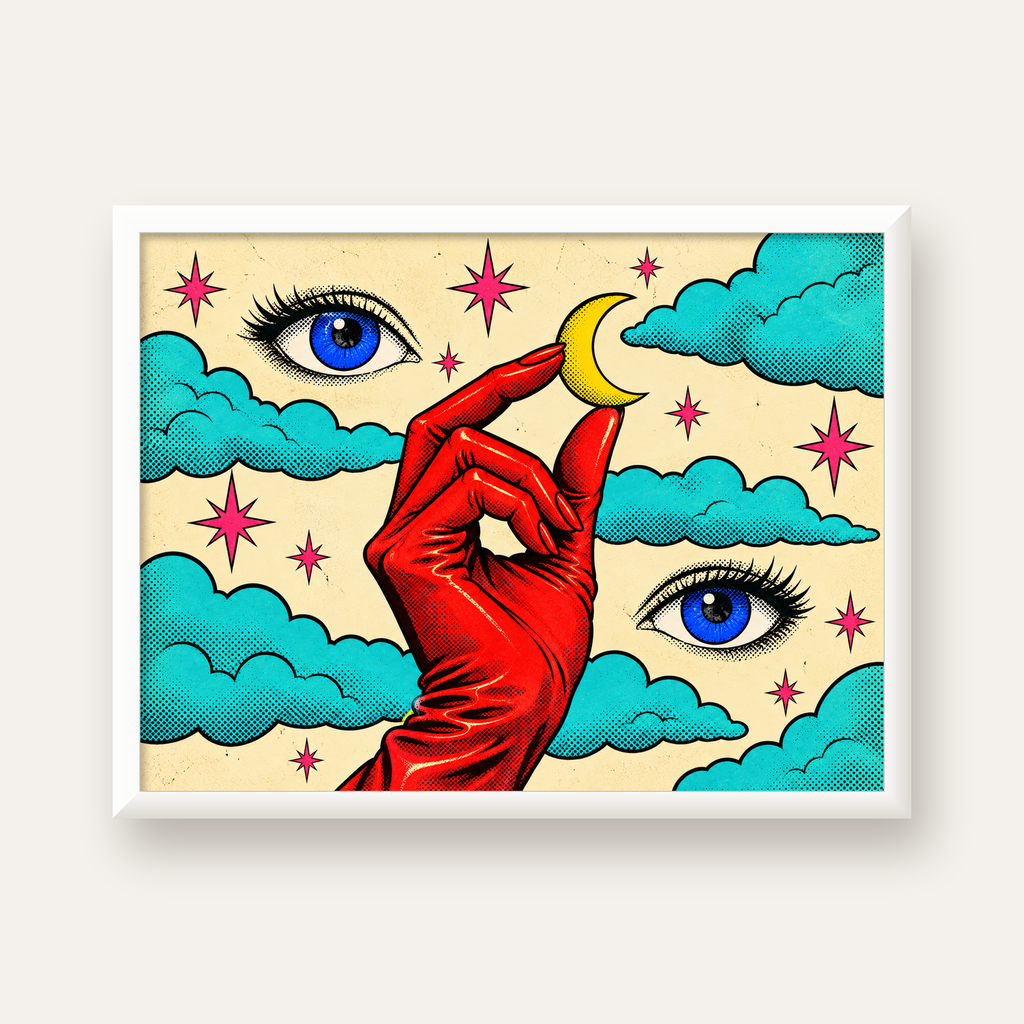 Sürreal El, Göz ve Ay Pop Art Poster – Renkli Sanat Baskısı — beyaz çerçeveli yatay poster