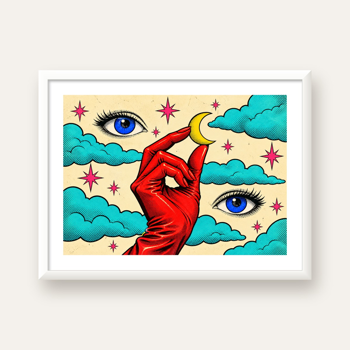 Sürreal El, Göz ve Ay Pop Art Poster – Renkli Sanat Baskısı — beyaz çerçeveli yatay poster