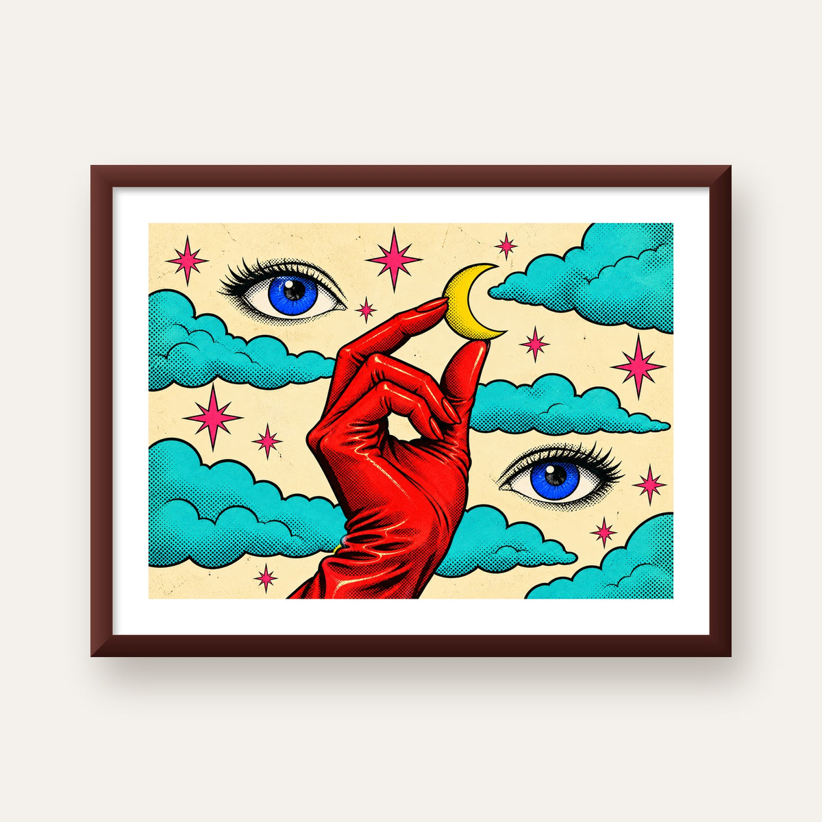 Sürreal El, Göz ve Ay Pop Art Poster – Renkli Sanat Baskısı — ceviz çerçeveli paspartulu