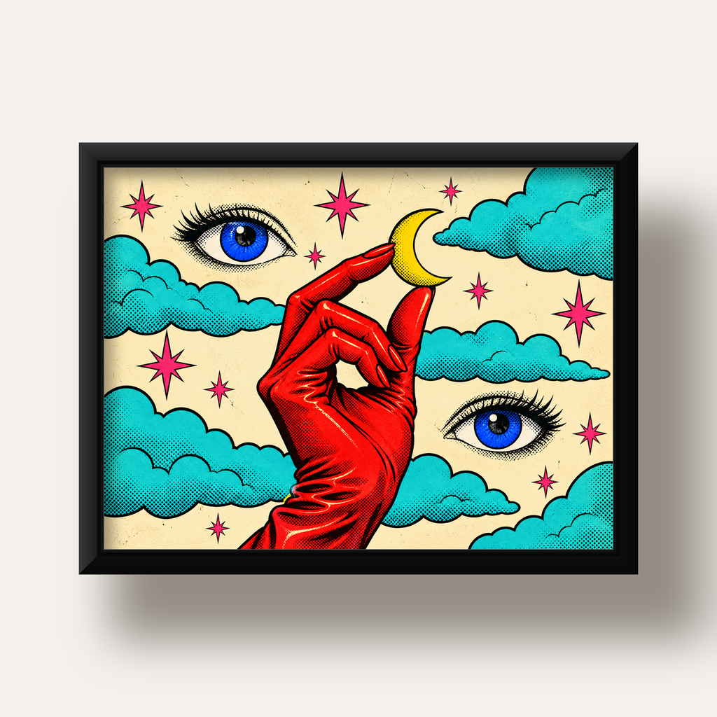 Sürreal El, Göz ve Ay Pop Art Poster – Renkli Sanat Baskısı — siyah derin çerçeveli