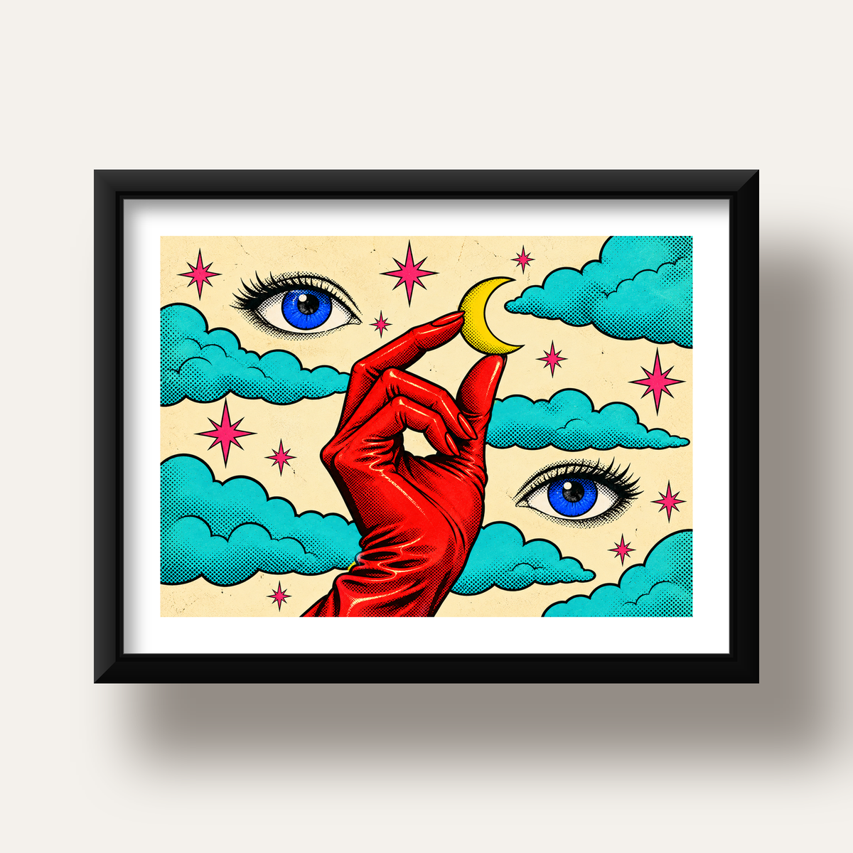 Sürreal El, Göz ve Ay Pop Art Poster – Renkli Sanat Baskısı — siyah derin çerçeveli paspartulu