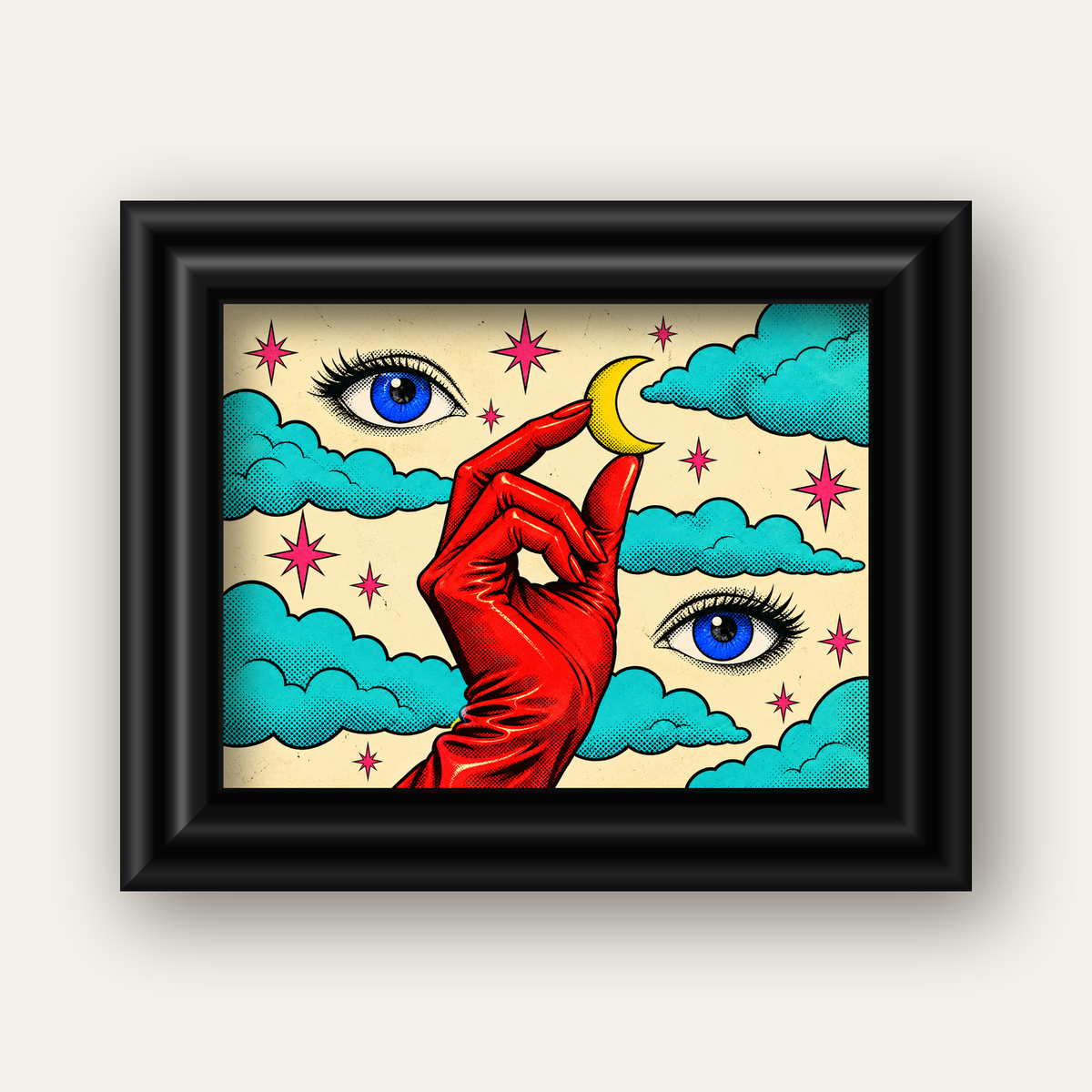Sürreal El, Göz ve Ay Pop Art Poster – Renkli Sanat Baskısı — siyah galeri çerçeveli