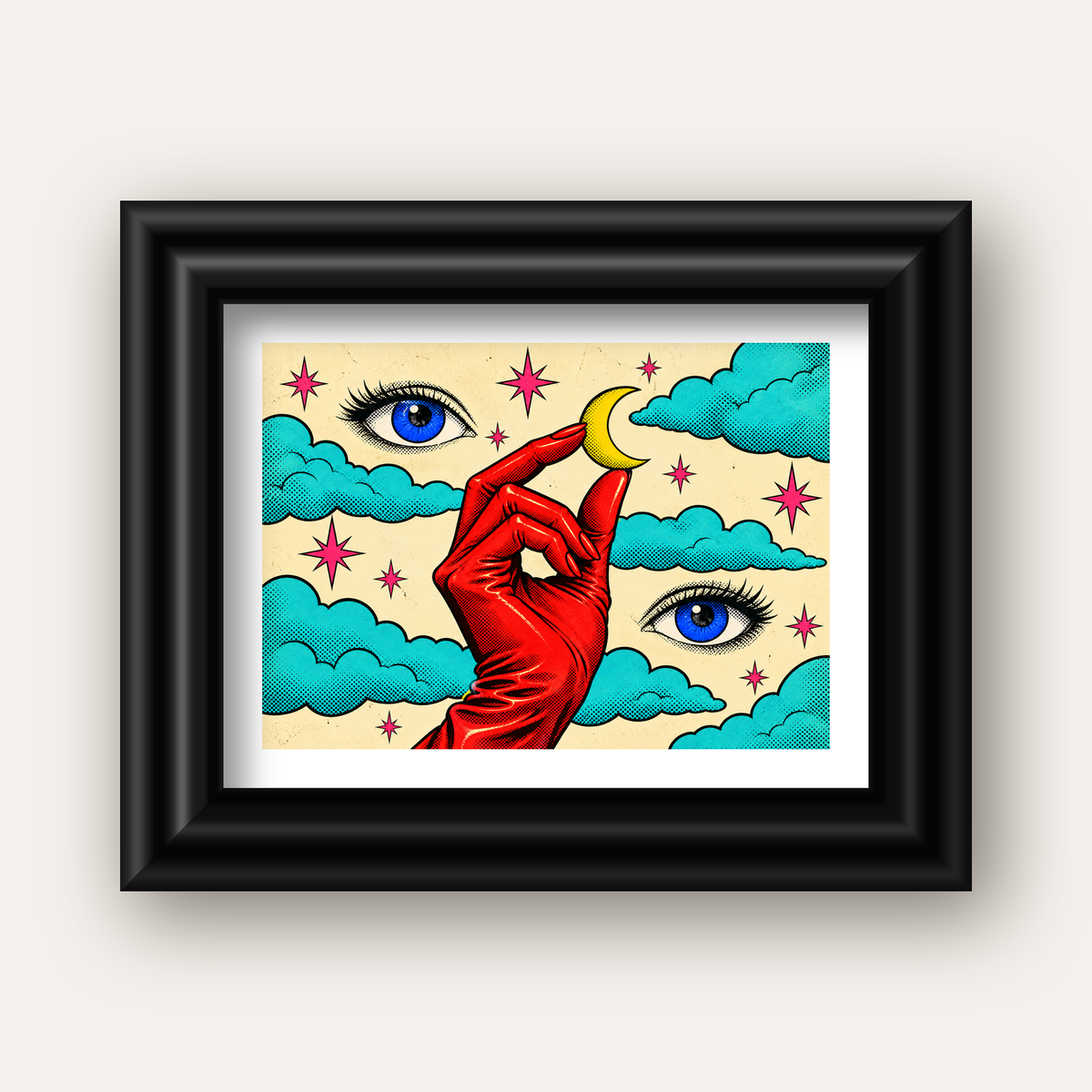 Sürreal El, Göz ve Ay Pop Art Poster – Renkli Sanat Baskısı — siyah galeri çerçeveli paspartulu