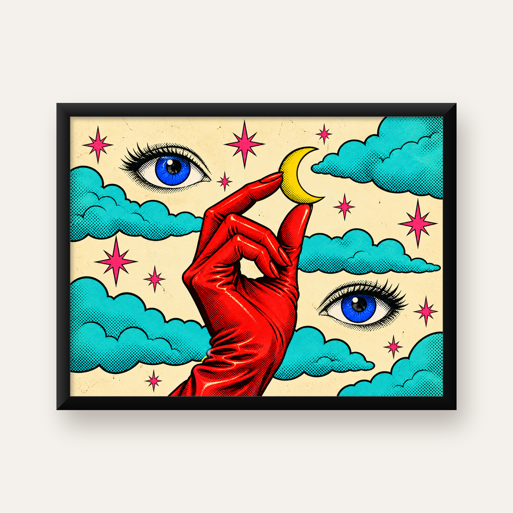 Sürreal El, Göz ve Ay Pop Art Poster – Renkli Sanat Baskısı — Yatay baskı, düz siyah çerçeveli duvar posteri