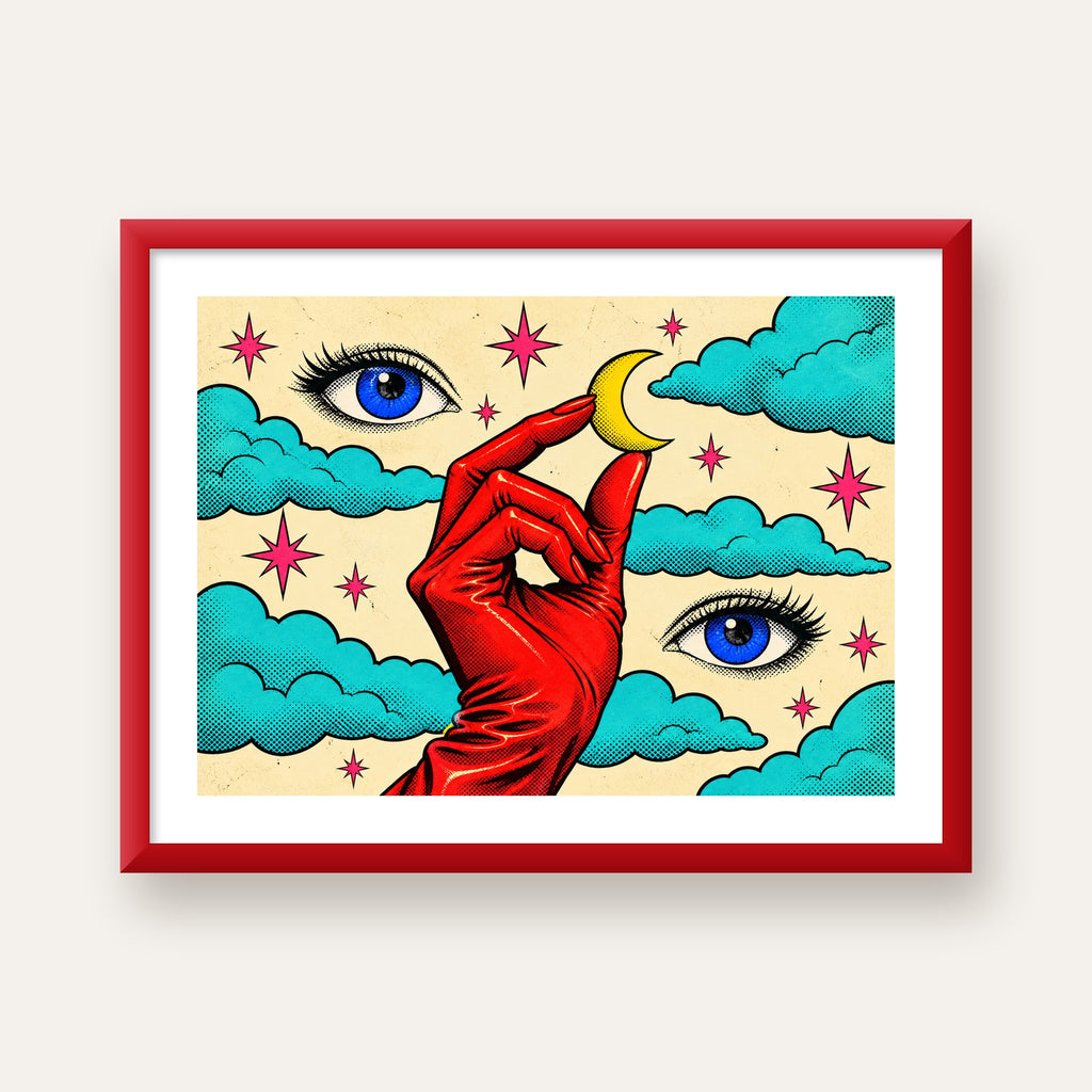 Sürreal El, Göz ve Ay Pop Art Poster – Renkli Sanat Baskısı — kırmızı çerçeveli paspartulu