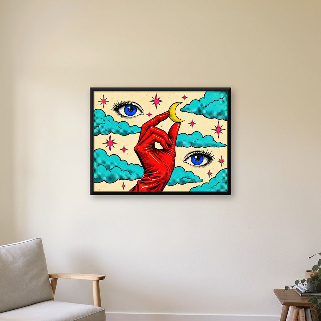 Sürreal El, Göz ve Ay Pop Art Poster – Renkli Sanat Baskısı — Yatay baskı, çerçeveli hâliyle bir ev duvarında