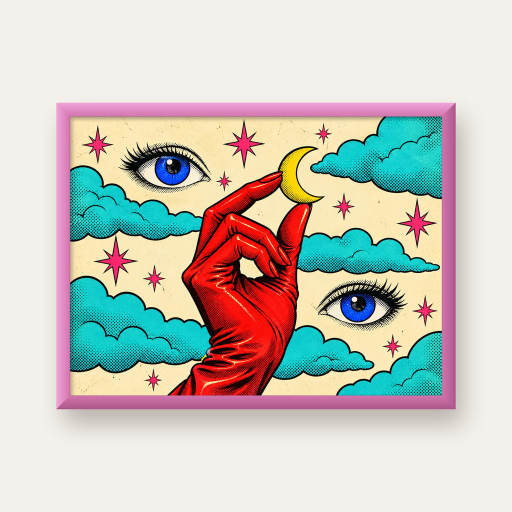 Sürreal El, Göz ve Ay Pop Art Poster – Renkli Sanat Baskısı — pembe çerçeveli