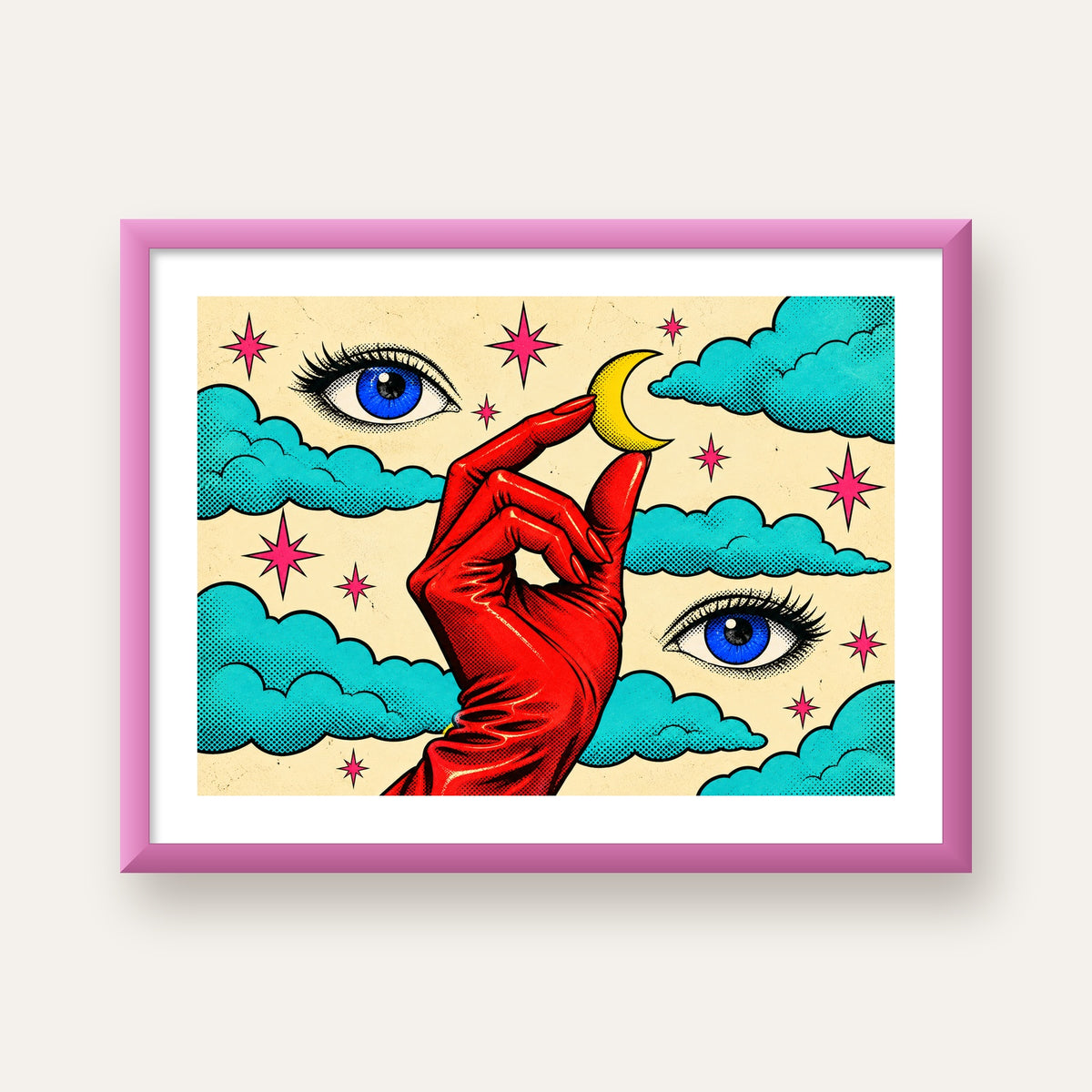Sürreal El, Göz ve Ay Pop Art Poster – Renkli Sanat Baskısı — pembe çerçeveli paspartulu