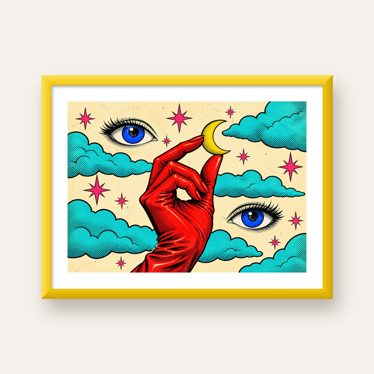Sürreal El, Göz ve Ay Pop Art Poster – Renkli Sanat Baskısı — sarı çerçeveli paspartulu