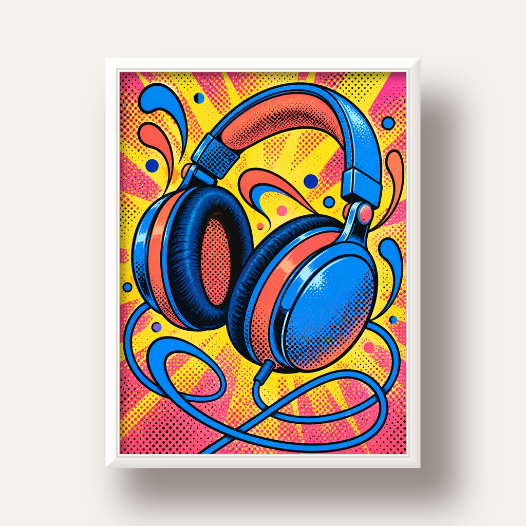 Pop Art Kulaklık Poster – Renkli ve Dinamik Duvar Dekoru — beyaz derin çerçeveli