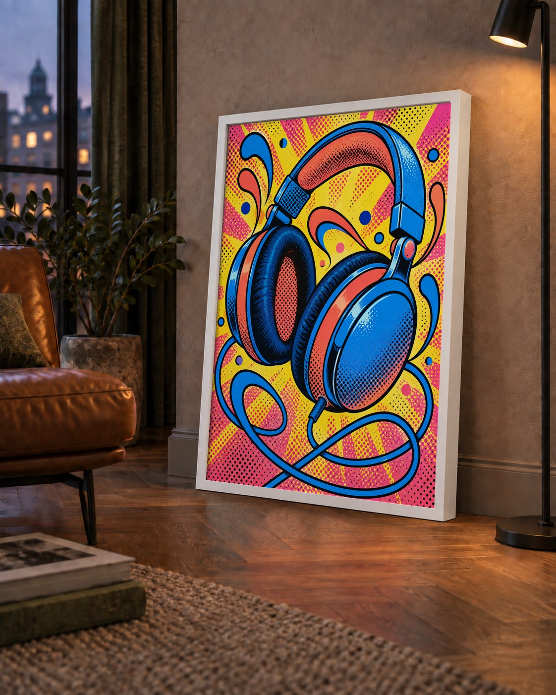 Pop Art Kulaklık Poster – Renkli ve Dinamik Duvar Dekoru — çerçeveli hâliyle bir ev duvarında