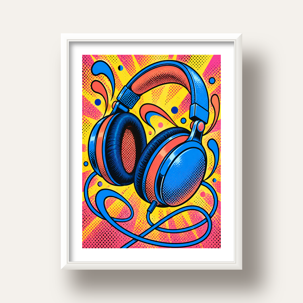 Pop Art Kulaklık Poster – Renkli ve Dinamik Duvar Dekoru — beyaz derin çerçeveli paspartulu