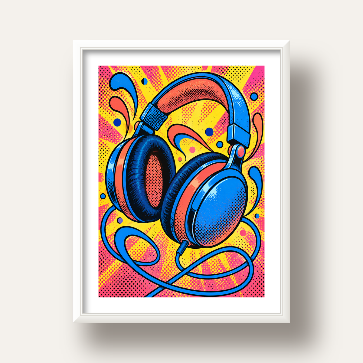 Pop Art Kulaklık Poster – Renkli ve Dinamik Duvar Dekoru — beyaz derin çerçeveli paspartulu