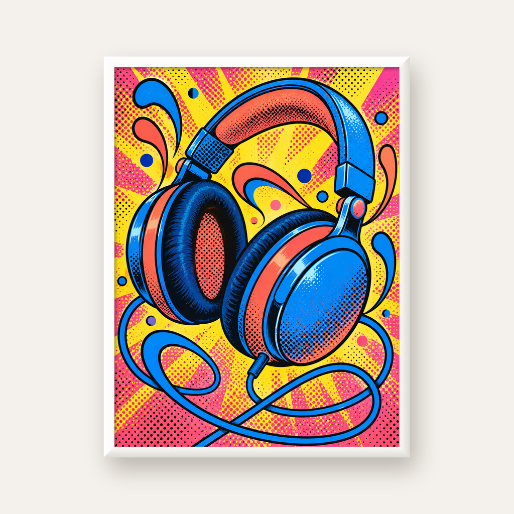 Pop Art Kulaklık Poster – Renkli ve Dinamik Duvar Dekoru — beyaz çerçeveli dikey poster