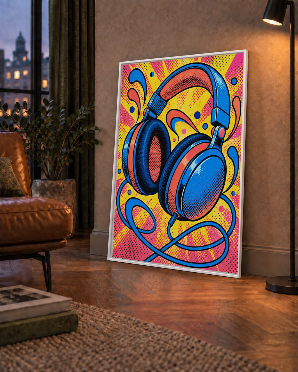 Pop Art Kulaklık Poster – Renkli ve Dinamik Duvar Dekoru — çerçeveli hâliyle bir ev duvarında