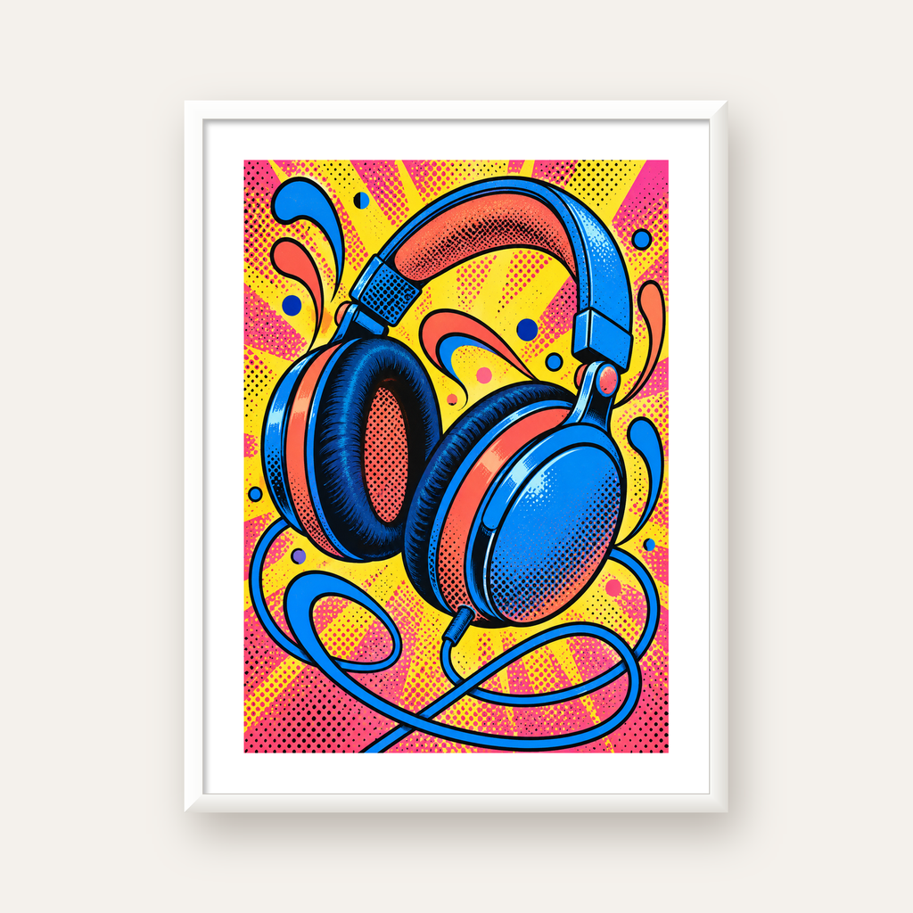 Pop Art Kulaklık Poster – Renkli ve Dinamik Duvar Dekoru — beyaz çerçeveli dikey poster