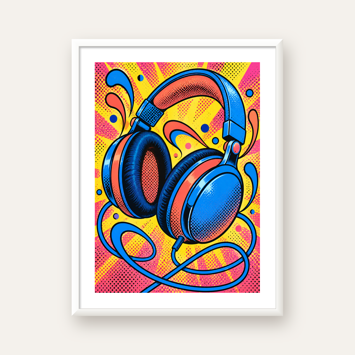Pop Art Kulaklık Poster – Renkli ve Dinamik Duvar Dekoru — beyaz çerçeveli dikey poster