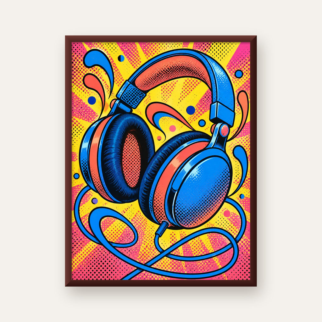Pop Art Kulaklık Poster – Renkli ve Dinamik Duvar Dekoru — ceviz çerçeveli