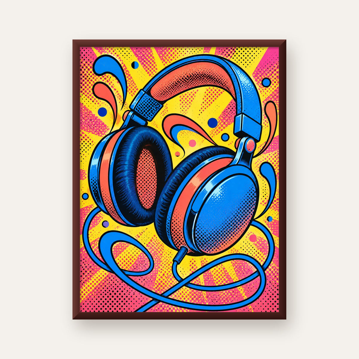 Pop Art Kulaklık Poster – Renkli ve Dinamik Duvar Dekoru — ceviz çerçeveli