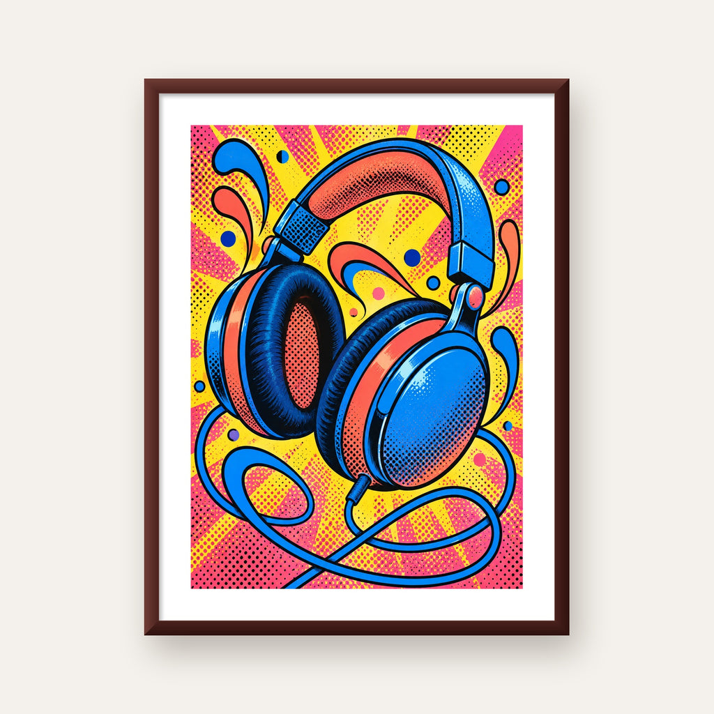 Pop Art Kulaklık Poster – Renkli ve Dinamik Duvar Dekoru — ceviz çerçeveli paspartulu