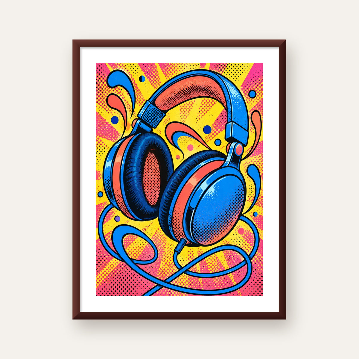 Pop Art Kulaklık Poster – Renkli ve Dinamik Duvar Dekoru — ceviz çerçeveli paspartulu