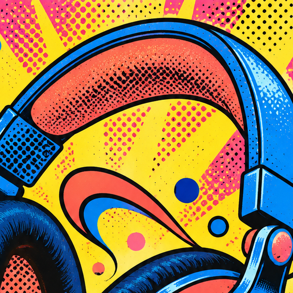 Pop Art Kulaklık Poster – Renkli ve Dinamik Duvar Dekoru — baskının yakın çekimi, kâğıt dokusu ve renk detayı