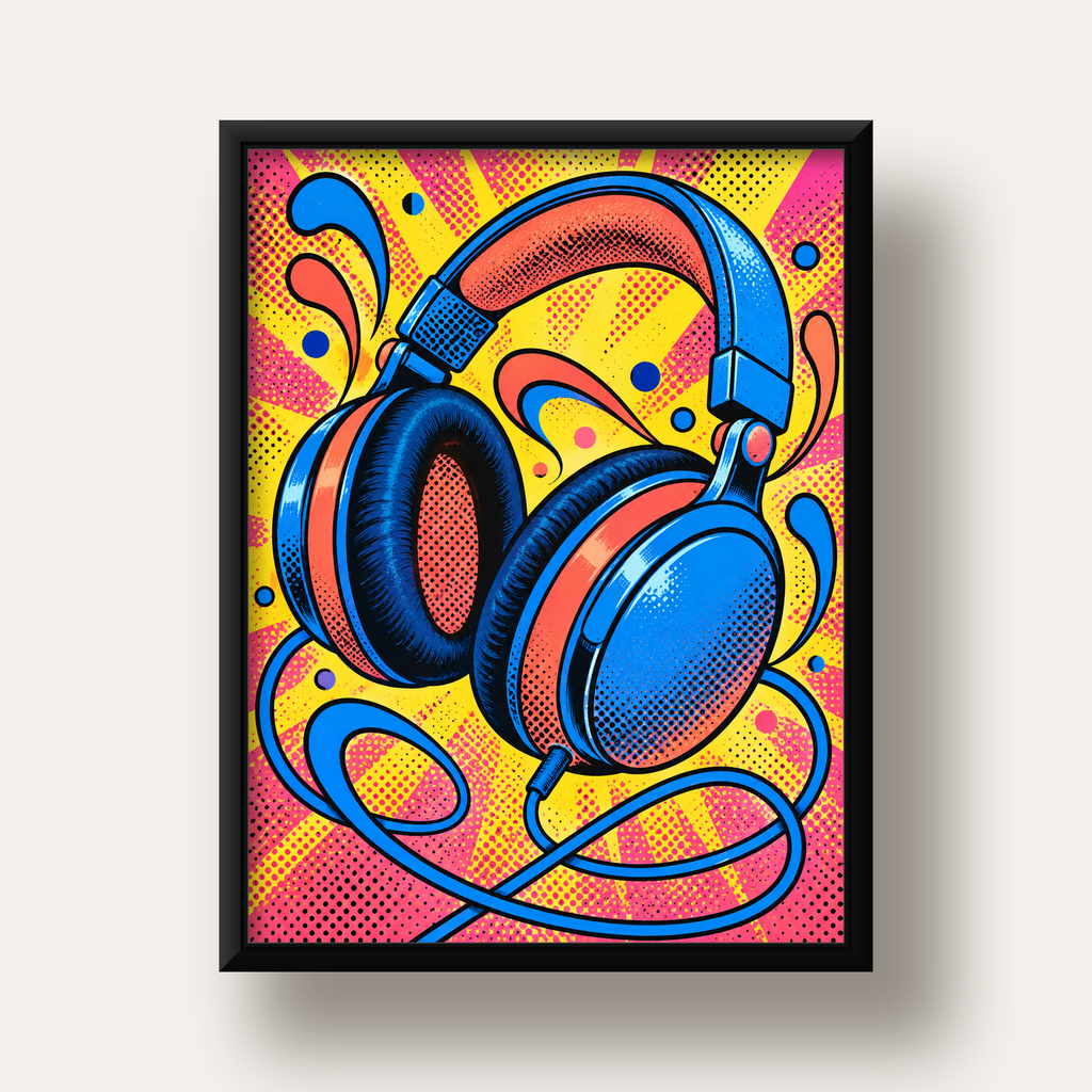Pop Art Kulaklık Poster – Renkli ve Dinamik Duvar Dekoru — siyah derin çerçeveli