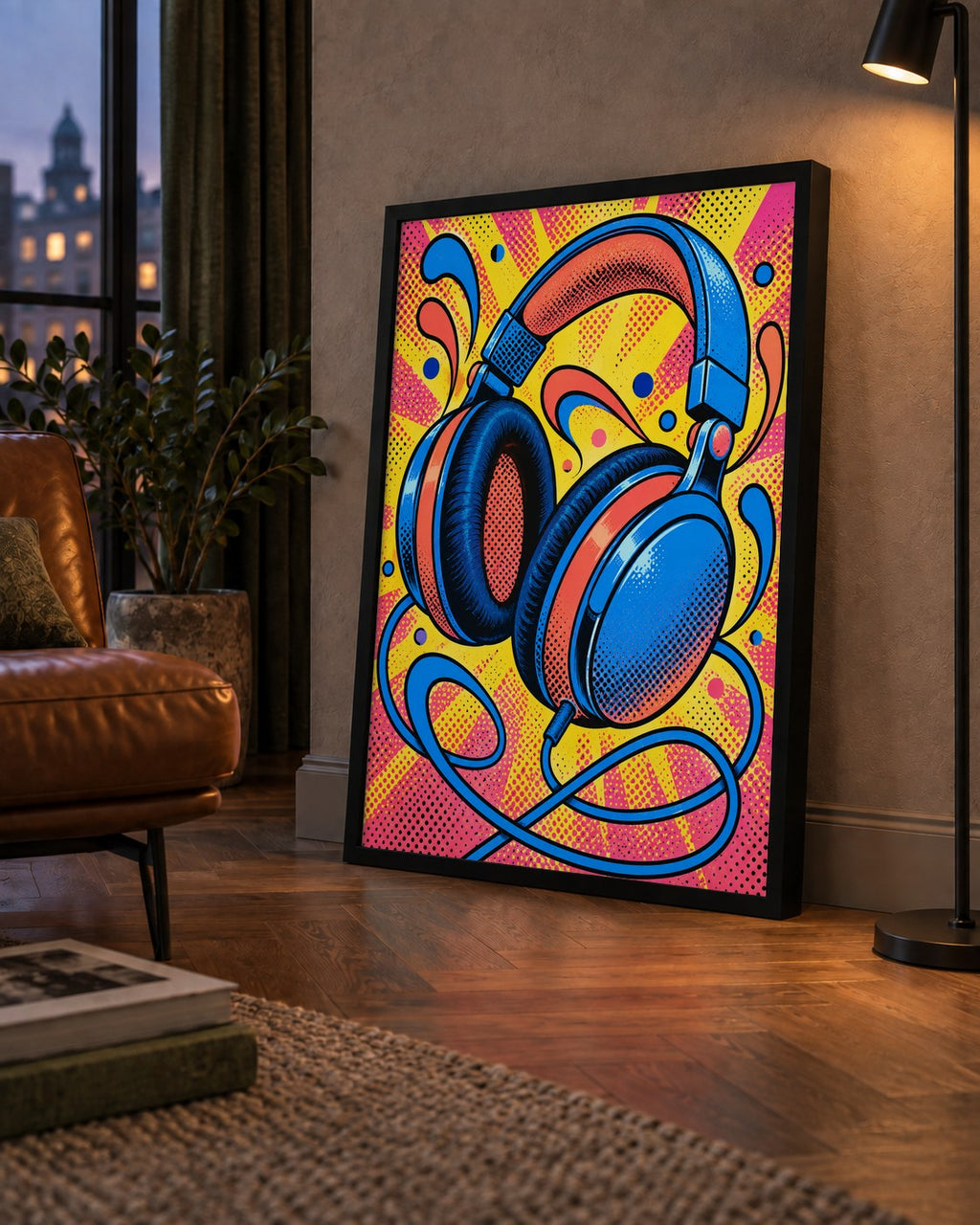 Pop Art Kulaklık Poster – Renkli ve Dinamik Duvar Dekoru — çerçeveli hâliyle bir ev duvarında