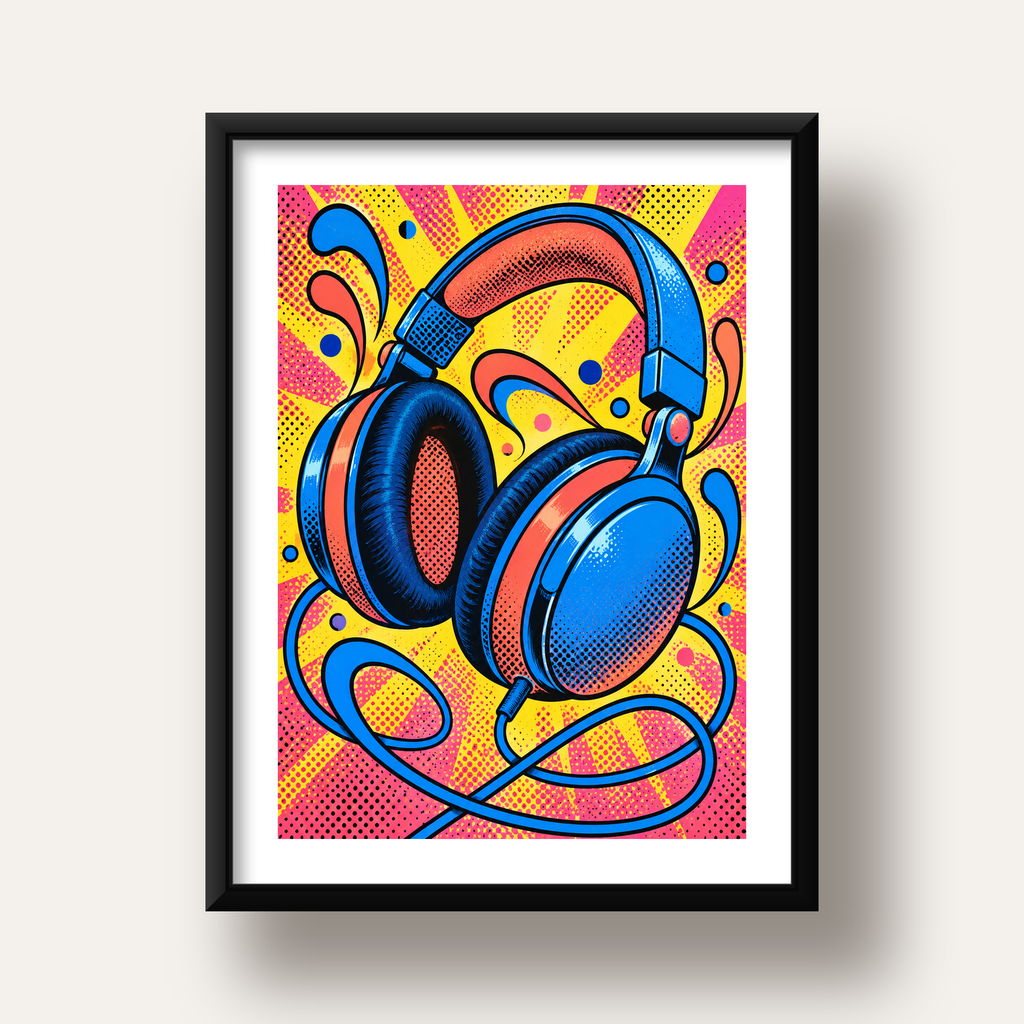 Pop Art Kulaklık Poster – Renkli ve Dinamik Duvar Dekoru — siyah derin çerçeveli paspartulu