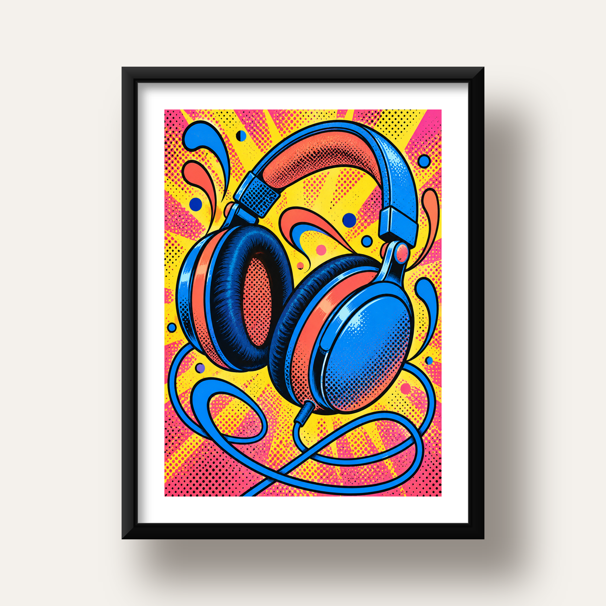 Pop Art Kulaklık Poster – Renkli ve Dinamik Duvar Dekoru — siyah derin çerçeveli paspartulu
