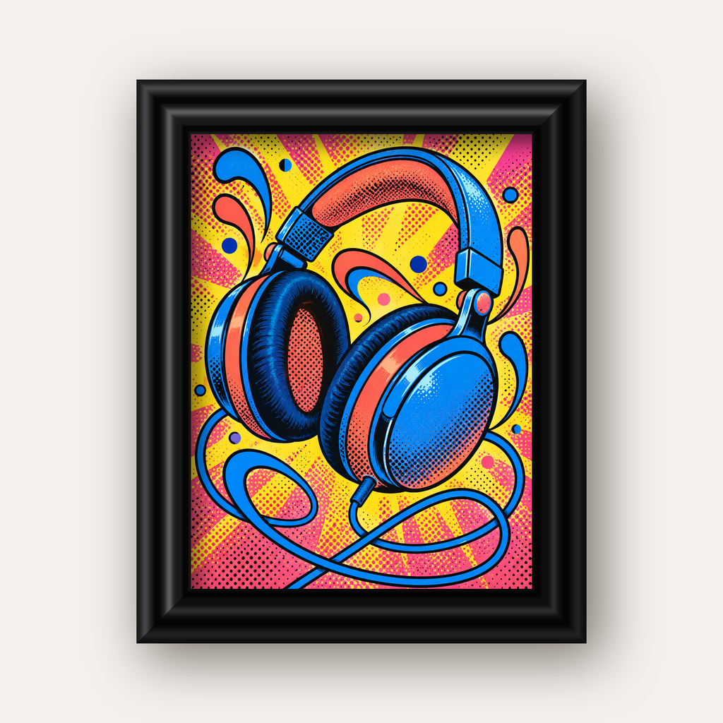 Pop Art Kulaklık Poster – Renkli ve Dinamik Duvar Dekoru — siyah galeri çerçeveli