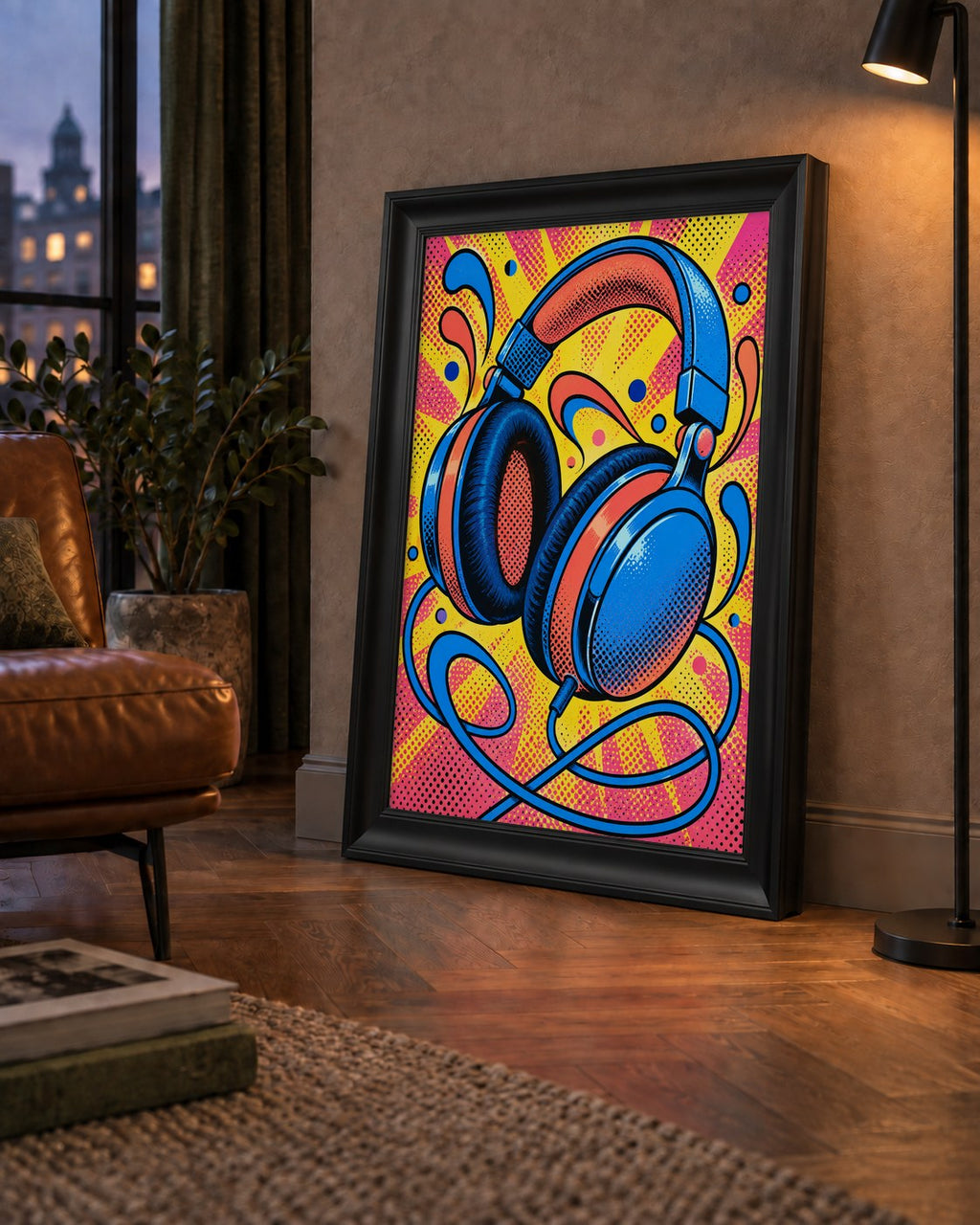 Pop Art Kulaklık Poster – Renkli ve Dinamik Duvar Dekoru — çerçeveli hâliyle bir ev duvarında
