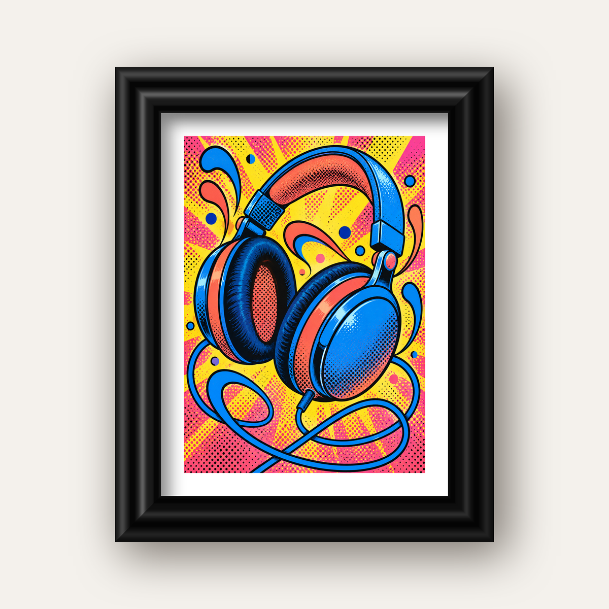 Pop Art Kulaklık Poster – Renkli ve Dinamik Duvar Dekoru — siyah galeri çerçeveli paspartulu