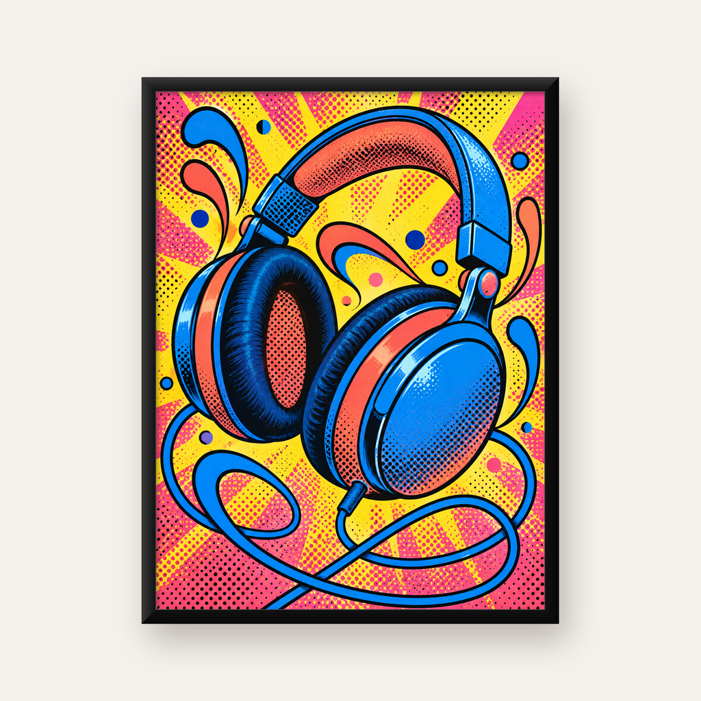 Pop Art Kulaklık Poster – Renkli ve Dinamik Duvar Dekoru — Dikey baskı, düz siyah çerçeveli duvar posteri