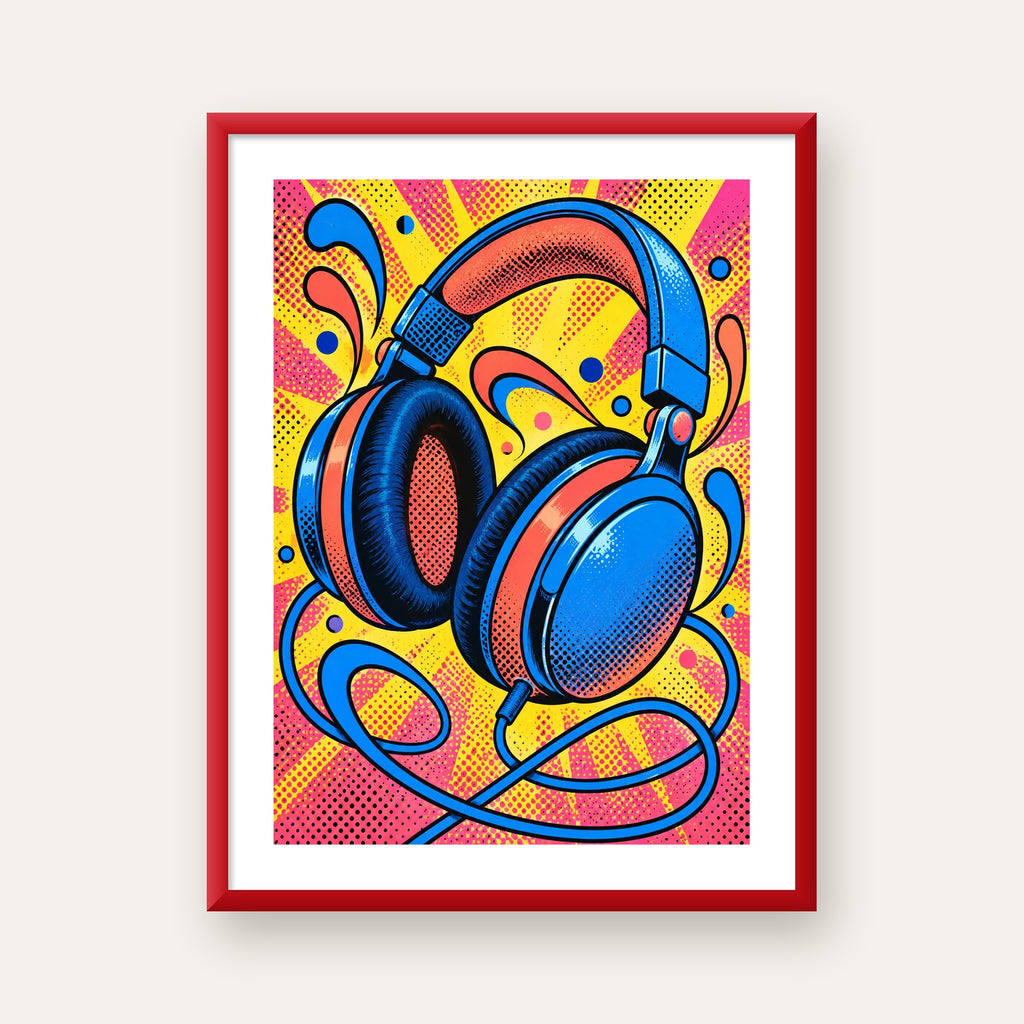 Pop Art Kulaklık Poster – Renkli ve Dinamik Duvar Dekoru — kırmızı çerçeveli paspartulu